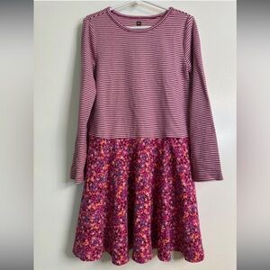 Tea Collection Striped Magenta Floral Print Long Sleeve Knit Dress, Girls Size 8